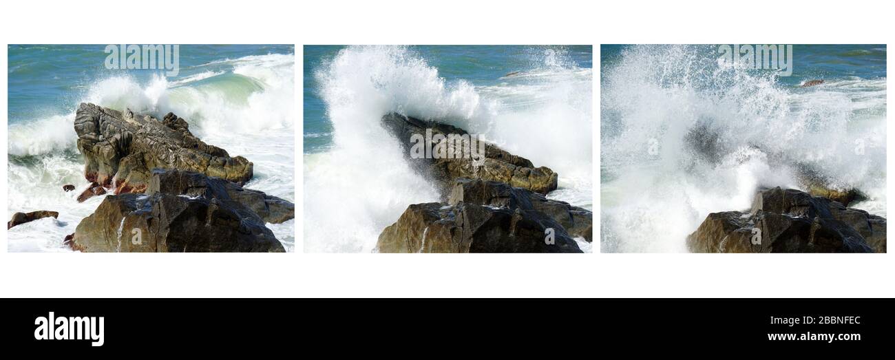 Calabria, Italia mare onde dinamico collage di tre fotografie a colori a 192dpi. Nessuna gente. Elemento natura. Cornice bianca. Foto Stock