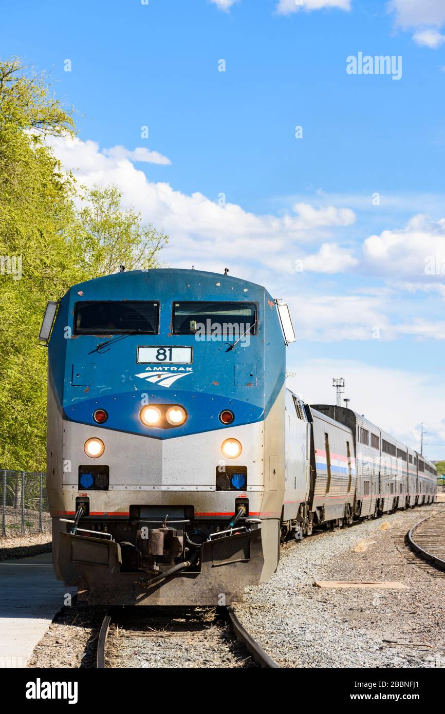 Vista frontale del GE P42DC loco in direzione della California Zephyr alla Grand Junction Station in Colorado Foto Stock