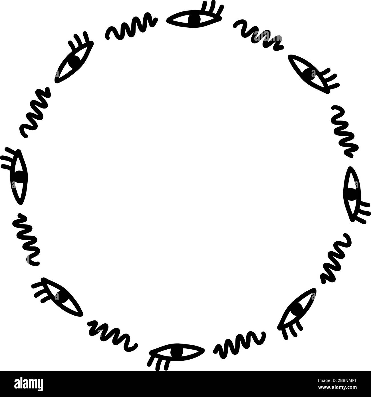 Astratta cornice moda doodle con occhi e linee ondulate. Isolato su sfondo bianco. Illustrazione Vettoriale