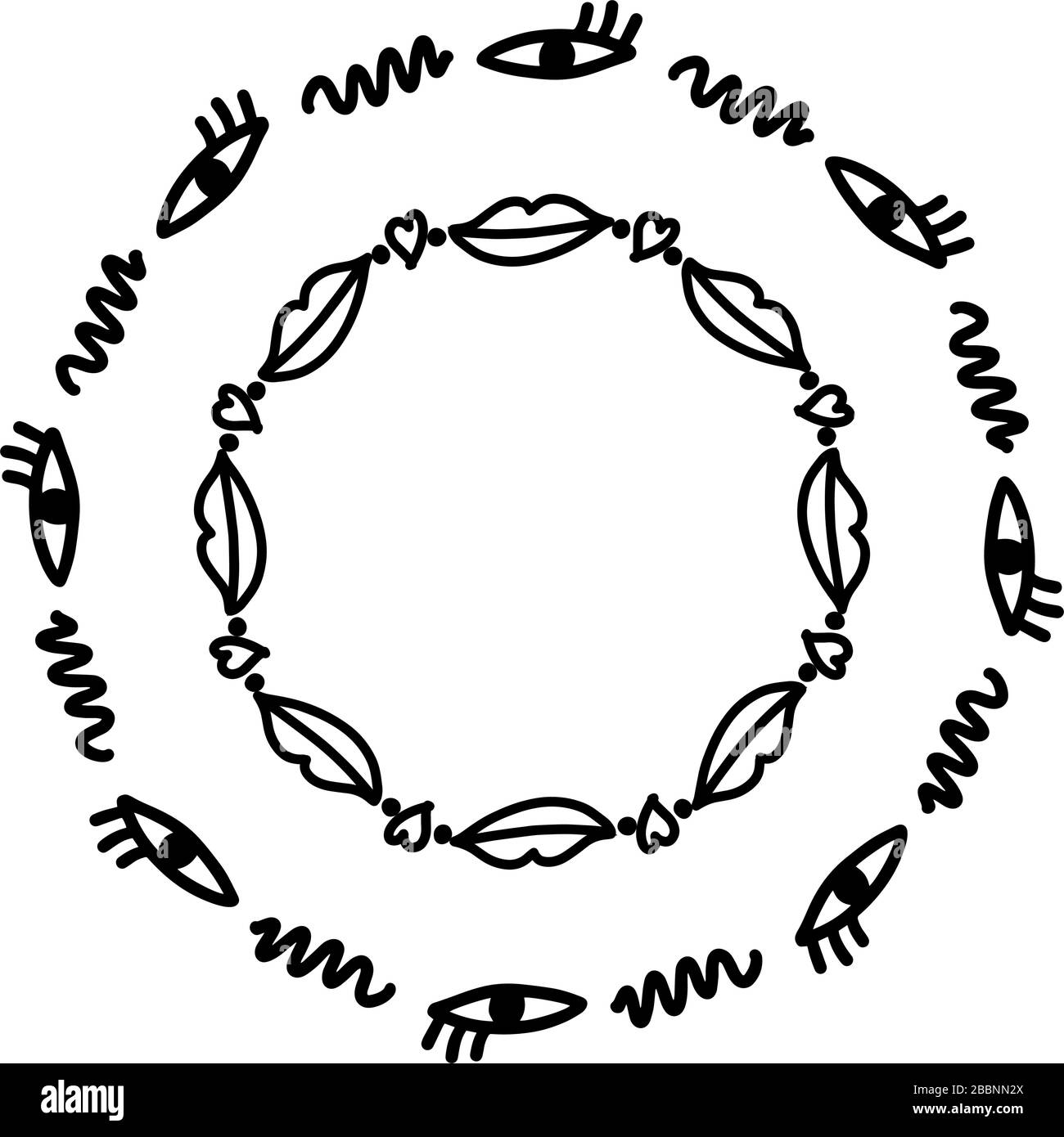 Strutture astratte per doodle con occhi, labbra e cuori. Isolato astratto mano disegnato arte su sfondo bianco. Illustrazione Vettoriale