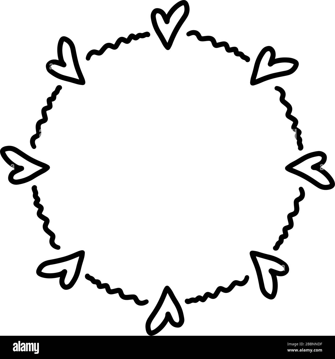 Cornice astratta di doodle dai cuori il giorno di San Valentino. Isolato su sfondo bianco. Illustrazione Vettoriale