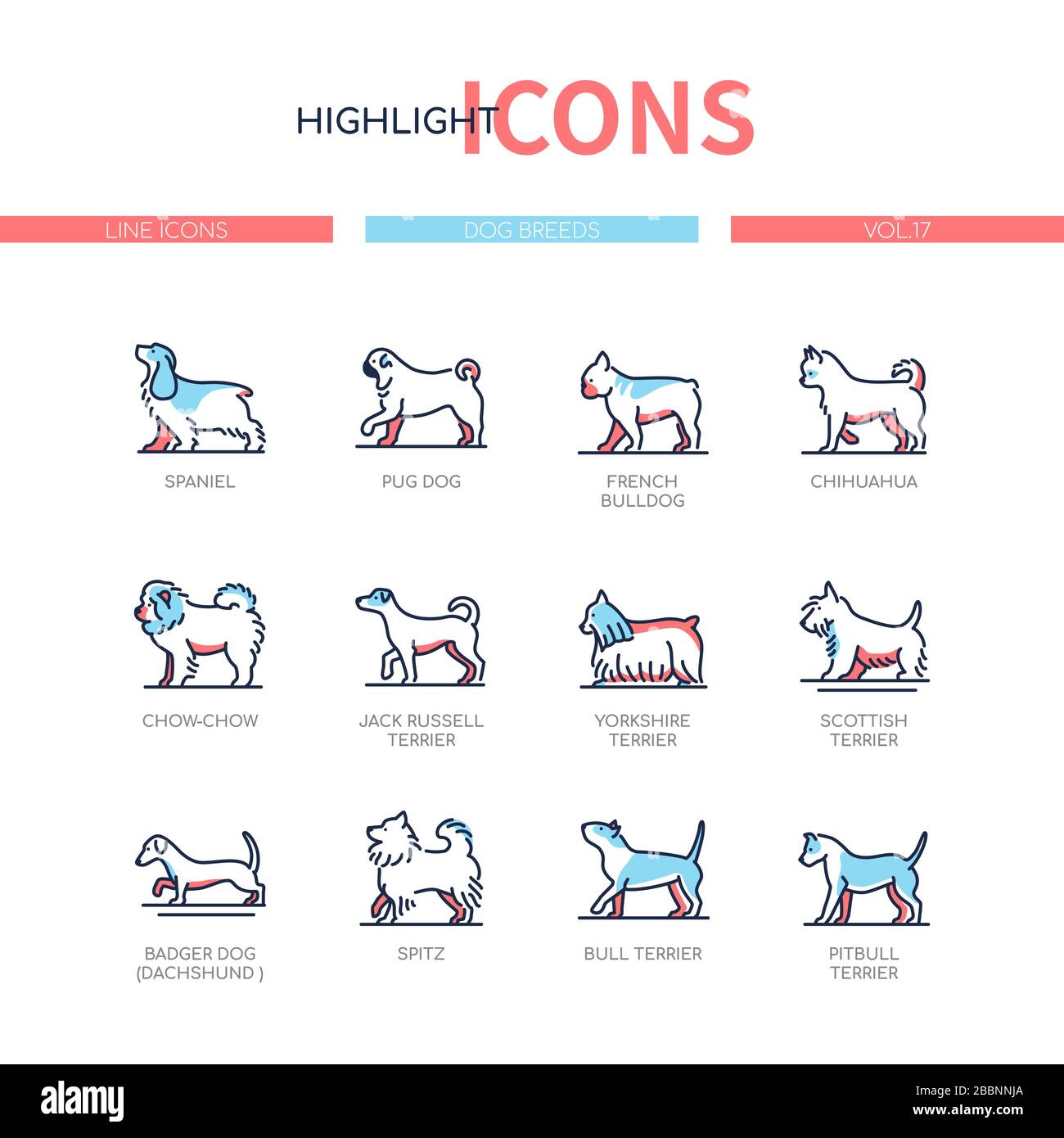 Razze di cani - Set di icone di stile moderno di linea Illustrazione Vettoriale