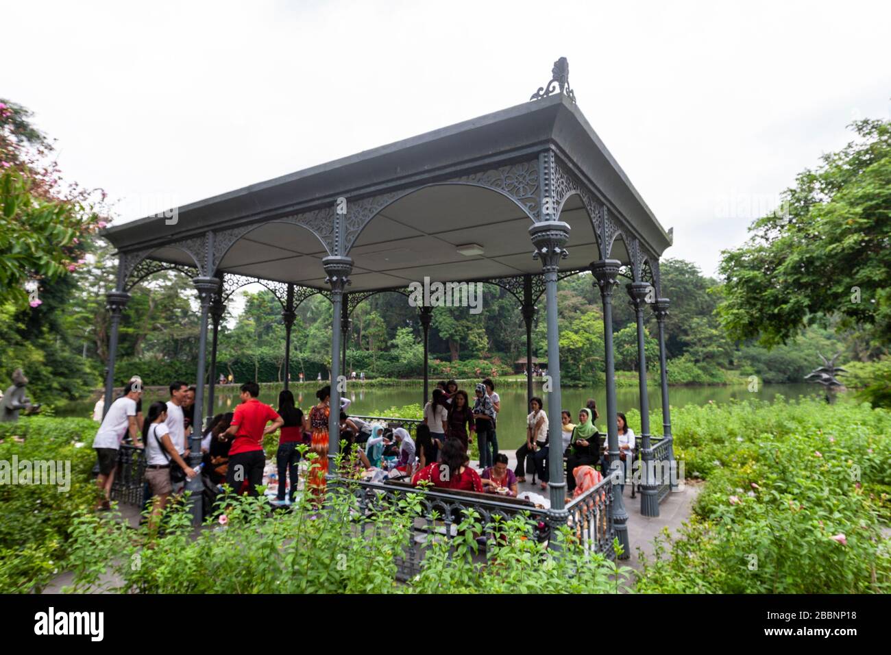 Turistico nel Lago Swan, Giardino Nazionale delle Orchidee, Singapore Botanic Gardens, Singapore Foto Stock