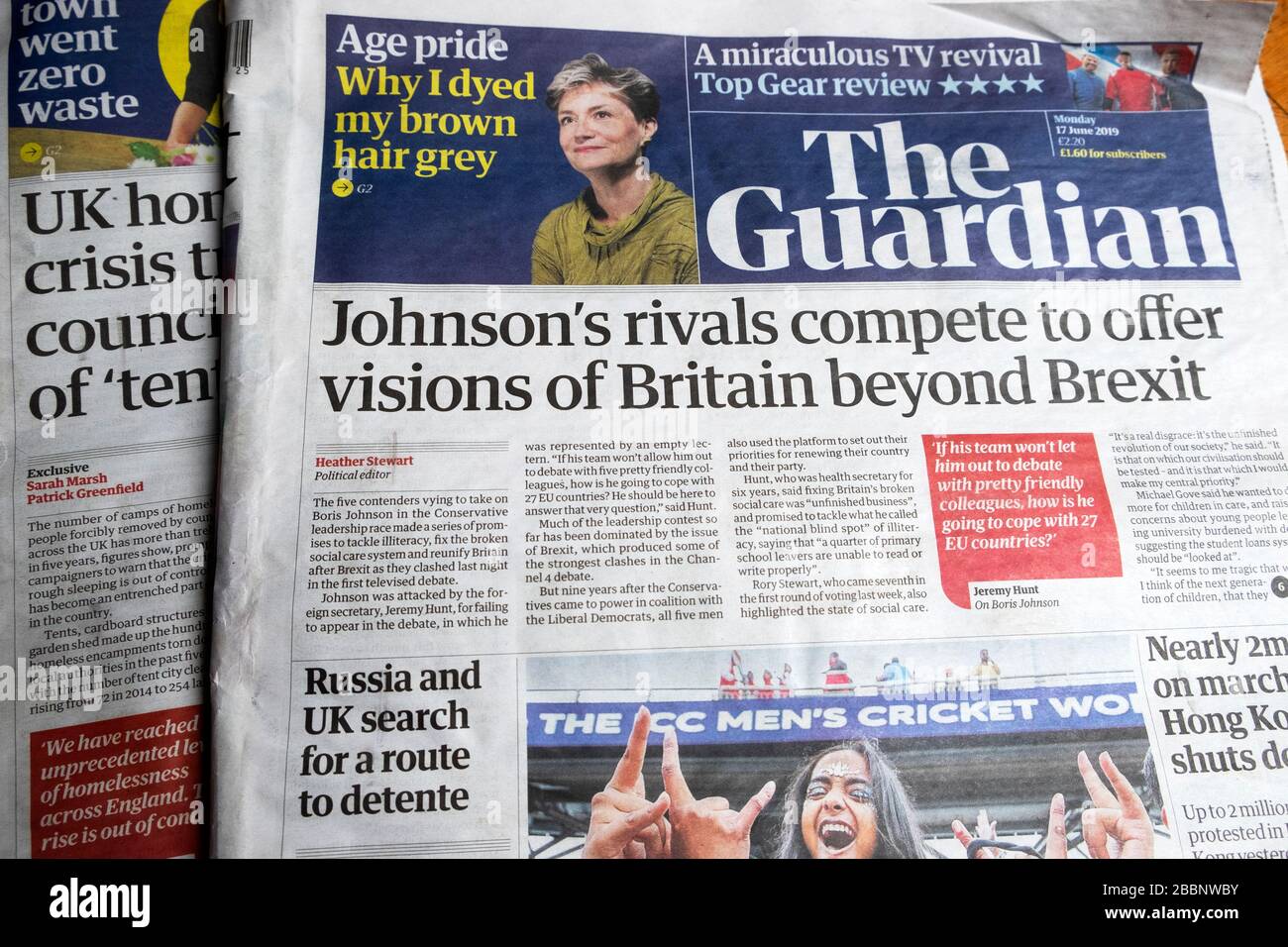 "I rivali di Johnson competono per offrire visioni della Gran Bretagna oltre la Brexit" Boris Johnson dopo Brexit Guardian prima pagina 17 giugno 2019 Londra UK Foto Stock