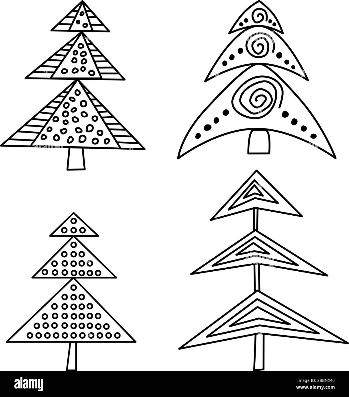 Set di abeti in stile scandinavo. Elementi isolati su sfondo bianco. Lo stile nordico per il poster di disegno, l'imballaggio, le cartoline, i modelli. Illustrazione Vettoriale