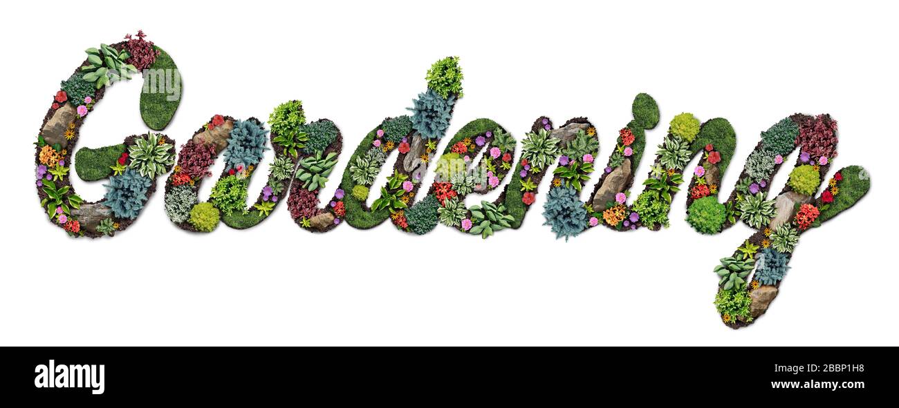 Simbolo di giardinaggio e testo giardino come un hobby di progettazione paesaggistica con prato perenne con un aiuola e piante ornamentali in un paesaggistico decorativo. Foto Stock