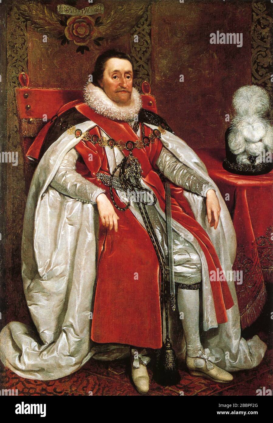 GIACOMO i e VI (1566-1625) Re di Scozia come Giacomo VI e Inghilterra e Irlanda come Giacomo I. Ritratto di Daniel Mytens, 1621. Foto Stock