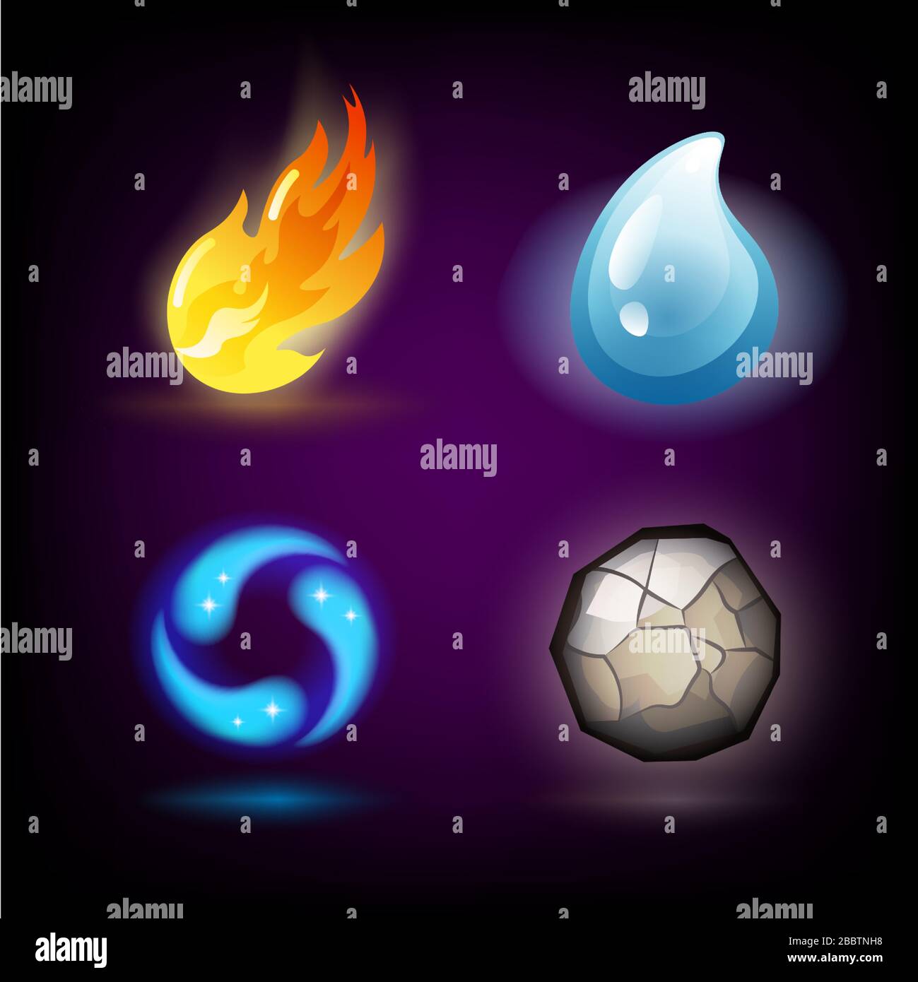 Quattro forze o elementi naturali: Acqua, fuoco, terra, aria. Elementi di design su sfondo scuro. Modelli per energie rinnovabili o loghi ecologici, emblemi Illustrazione Vettoriale