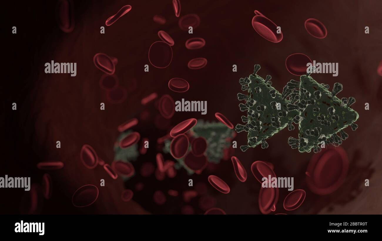 Vista di rendering 3D microscopica del virus a forma di simbolo di frecce triangolari destra in avanti e doppia in avanti all'interno della vena con i globuli rossi Foto Stock