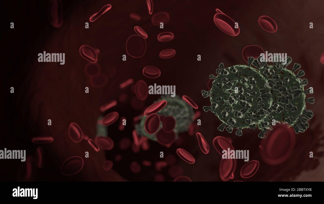 Vista microscopica del 3D rendering del virus a forma di simbolo di due monete in euro all'interno della vena con globuli rossi Foto Stock