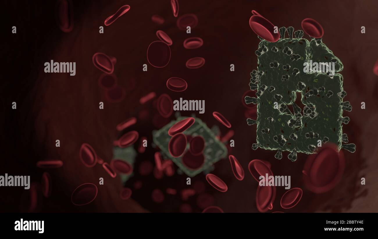 Vista di rendering 3D microscopica di virus a forma di simbolo di carta con angolo piegato e simbolo incrociato all'interno della vena con globuli rossi Foto Stock