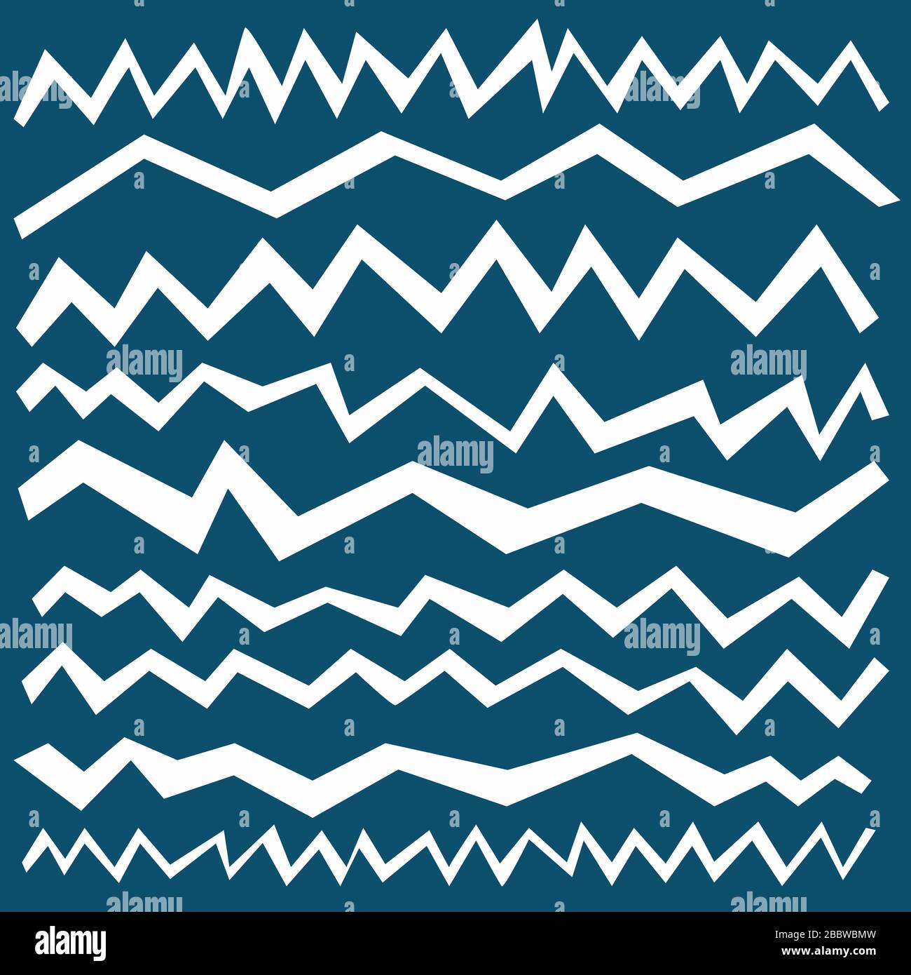Set di una linea a zig-zag bianca spezzata. Tratti larghi isolati su blu. Elementi irregolari. Piastrelle quadrate, design moderno. Curva di linea con spigoli vivi Illustrazione Vettoriale