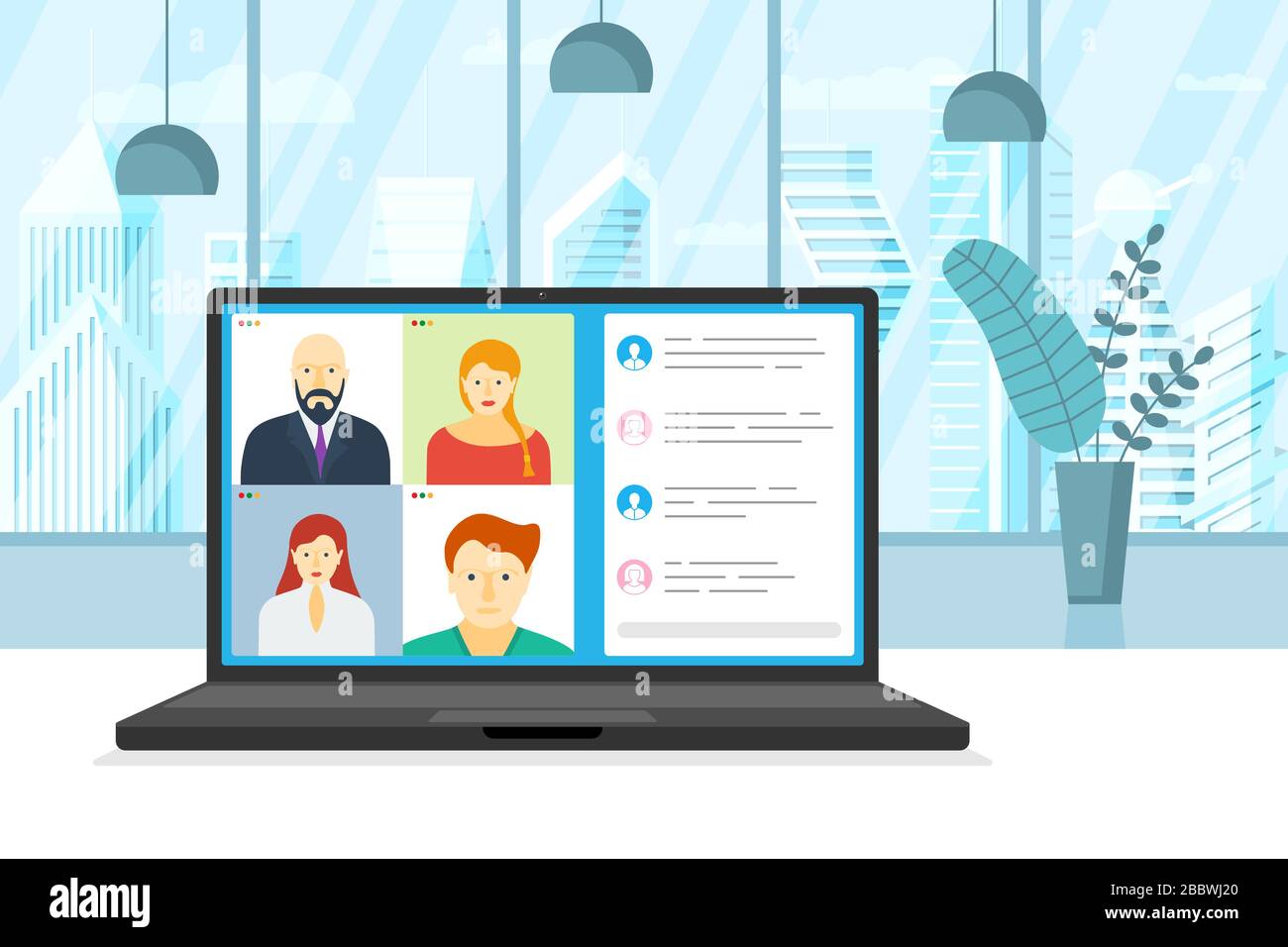 Gruppo di persone sullo schermo del computer portatile che partecipa alla conferenza online. Riunione di lavoro virtuale e webinar o videoconferenza a distanza. Illustrazione vettoriale per videoconferenze e comunicazioni Web Illustrazione Vettoriale
