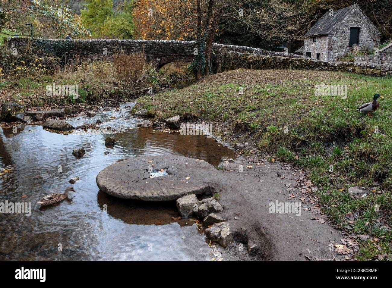 Un vecchio mulino situato nel fiume dove a Viators Bridge, villaggio di Milldale, Peak District National Park, Inghilterra, Regno Unito Foto Stock