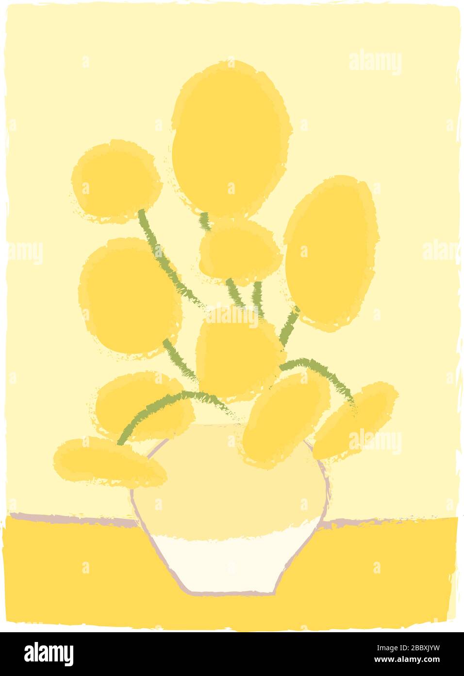 Girasoli imitazione di Van Gogh come disegno del bambino in stile cartone animato. Impressionismo pittura. Fiori gialli in vaso. Bouquet decorazione biglietto d'auguri. Semplice disegno vettoriale stilizzato isolato. Illustrazione Vettoriale