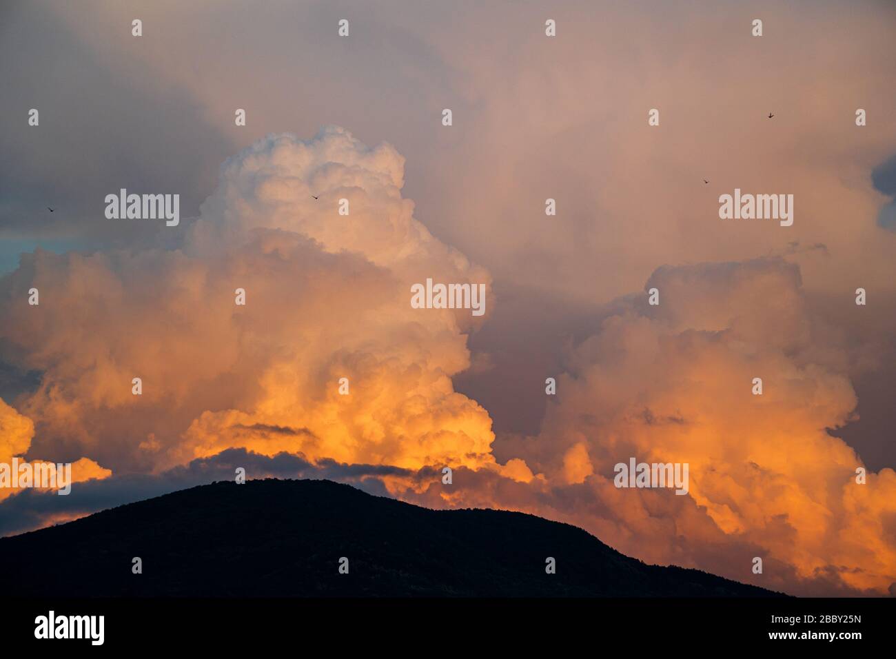 Drammatico cumulus cloudscape in cielo atmosfera al tramonto o all'alba crepuscolo luce. Nuvole, meteorologia meteorologica nuvoloso sfondo previsioni. Foto Stock