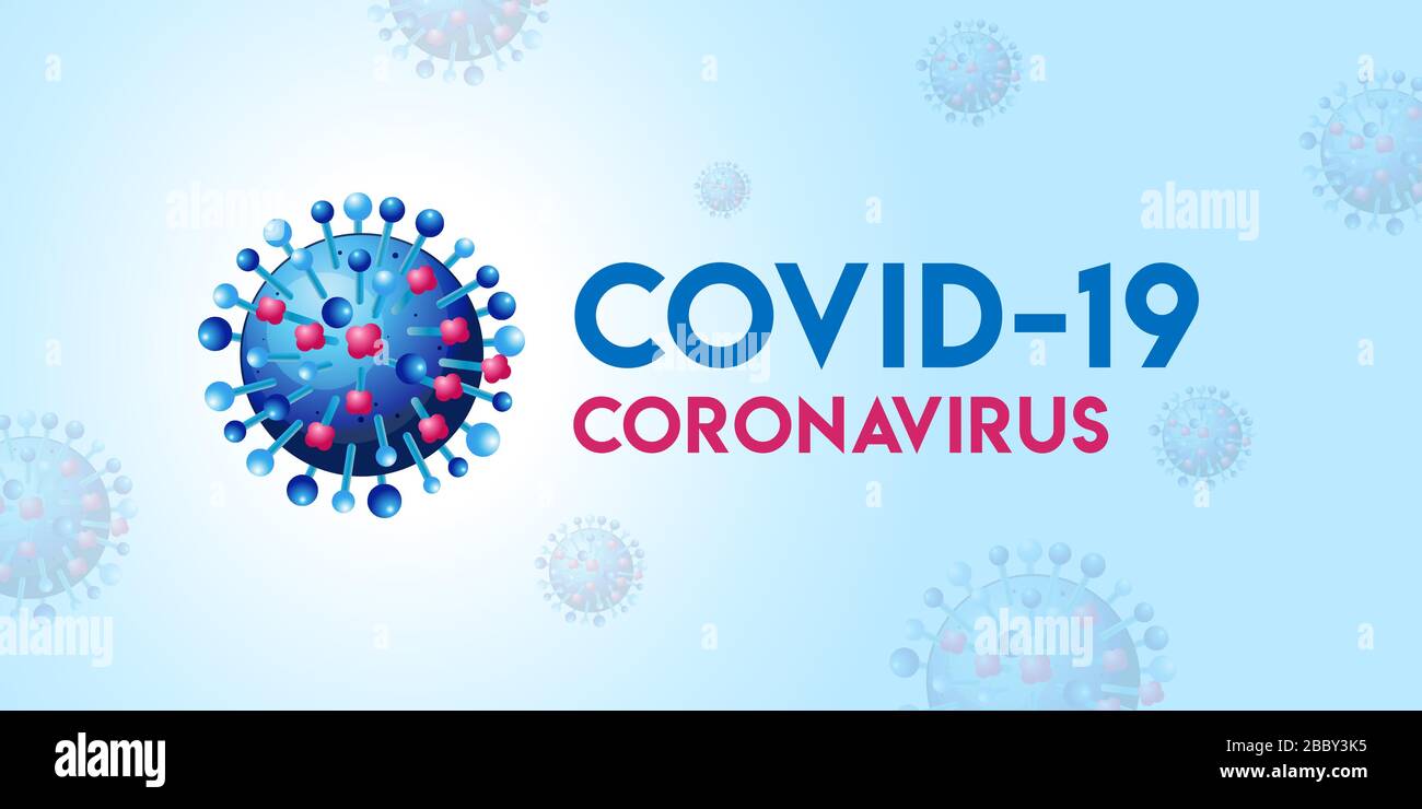 COVID-19, concetto di logo Coronavirus. Modello per banner, icona, poster, unità, etichetta, Web, simbolo, segno e Mnemonico. Contesto dei virus cinesi Illustrazione Vettoriale