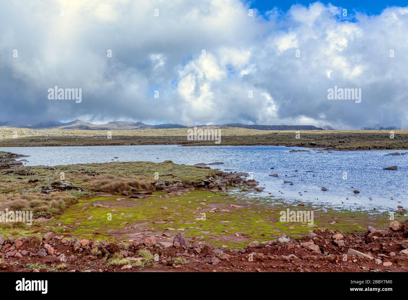 Panorama di bellissimo paesaggio, Parco Nazionale delle Montagne etiopi di Bale. Etiopia natura selvaggia pura. Di fronte piccolo lago di montagna. Foto Stock