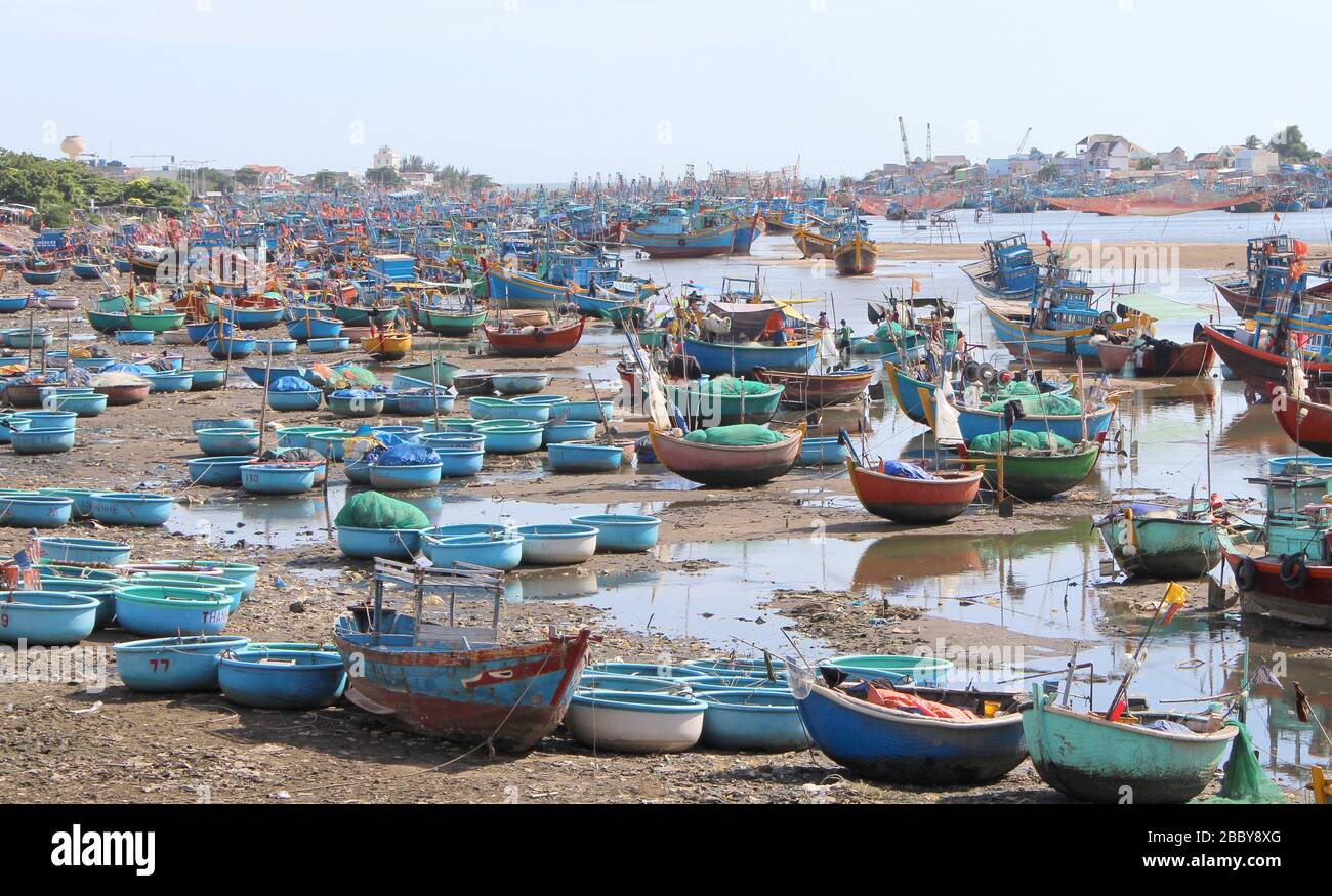 Barche da pesca colorate sulla spiaggia nel Vietnam del sud Foto Stock