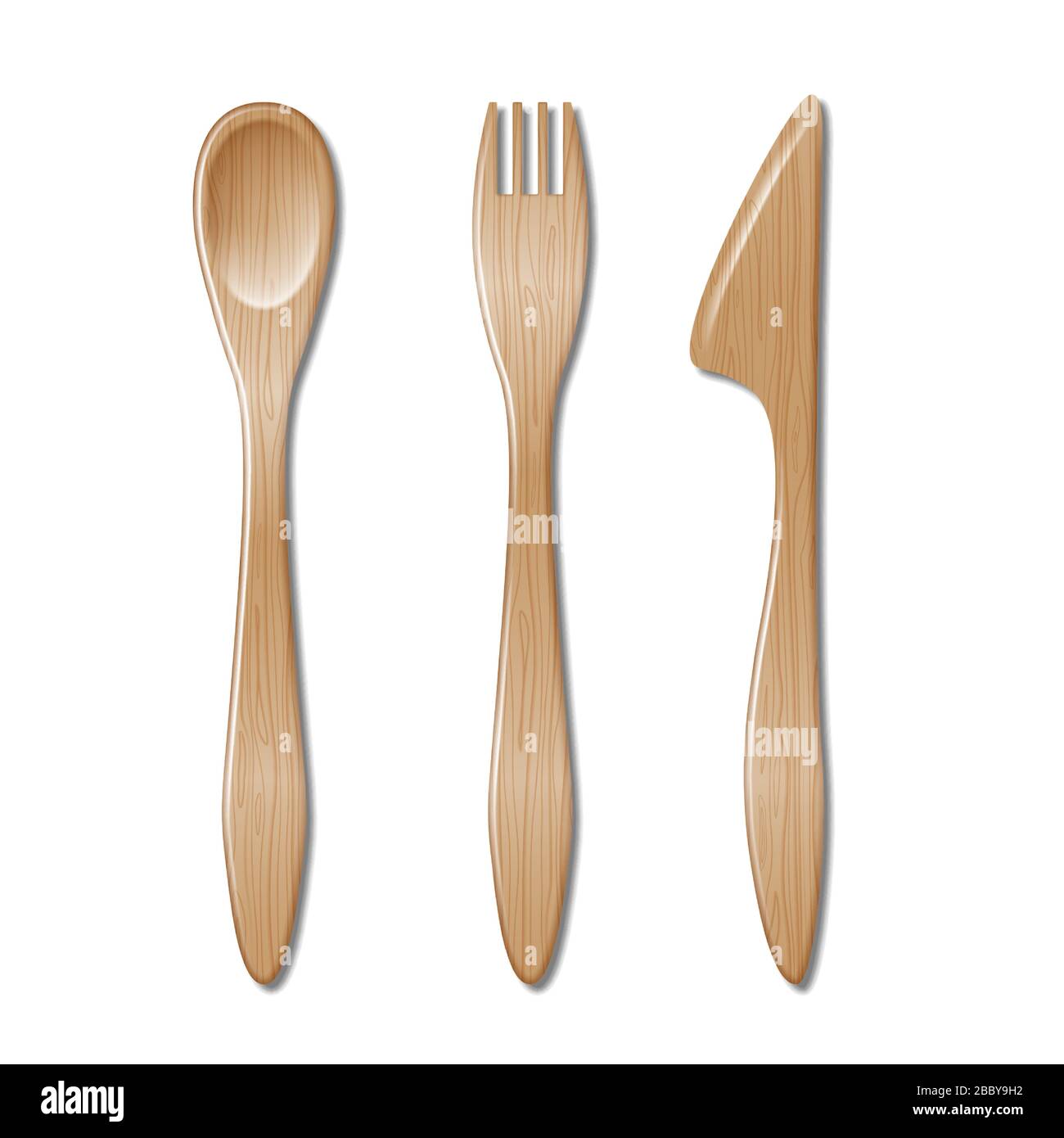 Cucchiaio, forchetta e coltello isolati su sfondo bianco. Set di posate in legno, cucchiaio, forchetta monouso e coltello. Illustrazione vettoriale. Illustrazione Vettoriale