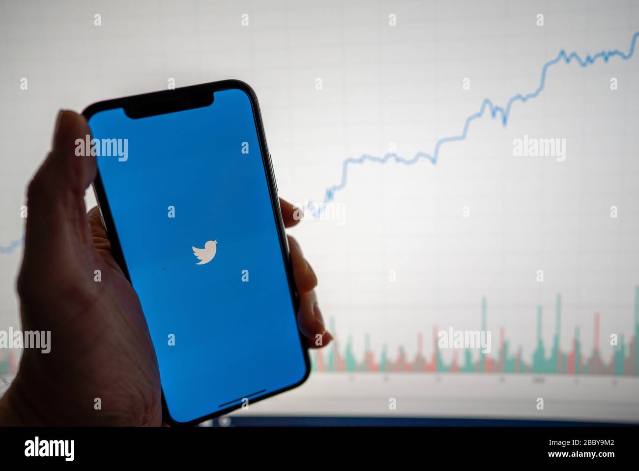 Twitter app e logo al telefono con white Financial stock grafico con prezzo crescente positivo in background Foto Stock