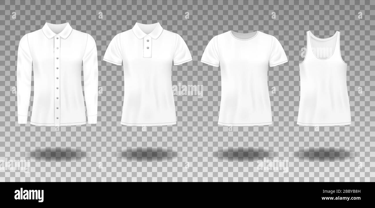 Realistica t-shirt in bianco uniforme senza maniche, polo, camicia con maniche lunghe. Mockup per il design dei vestiti, vista frontale. Illustrazione vettoriale Illustrazione Vettoriale
