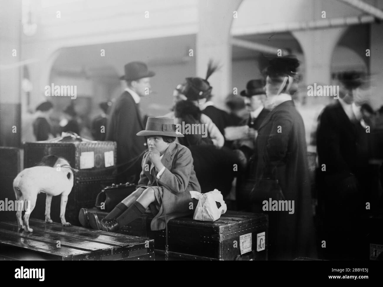 La foto mostra Henry 'Bamboo' Clews III sizing in cima a un tronco di vapore con il suo cane e pappagallo in una piccola gabbia al suo viaggio di ritorno dalla Francia. Clews era figlio dell'artista Henry Clews, Jr. E nipote dell'uomo d'affari Henry Clews, Sr. Foto Stock