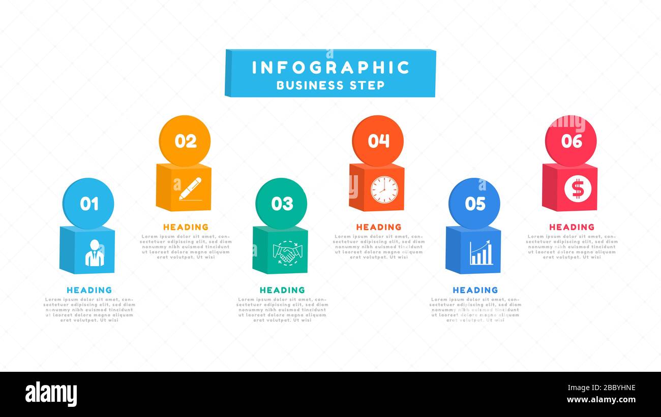 Infografica 3d box design Work Process per la pianificazione aziendale. Illustrazione vettoriale. Illustrazione Vettoriale