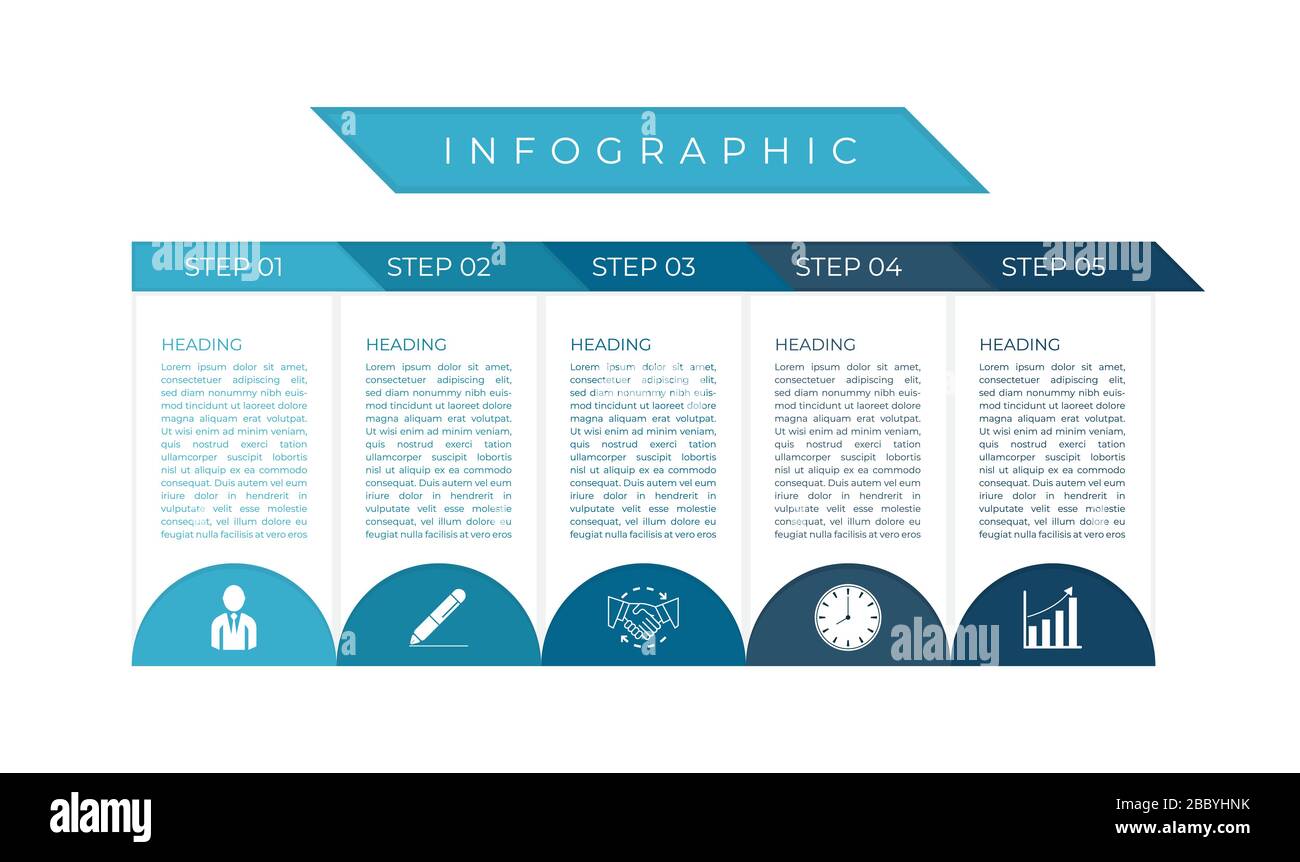 Infografica aziendale planante piatto design moderno flusso di lavoro passo. Illustrazione vettoriale. Illustrazione Vettoriale