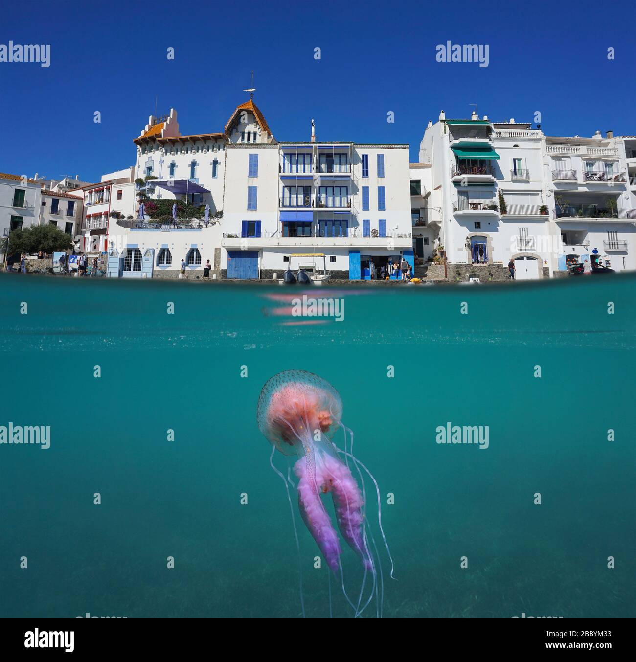 Spagna fronte mare case nel villaggio di Cadaques e una medusa sott'acqua, vista su e sotto superficie d'acqua, Mar Mediterraneo, Costa Brava Foto Stock