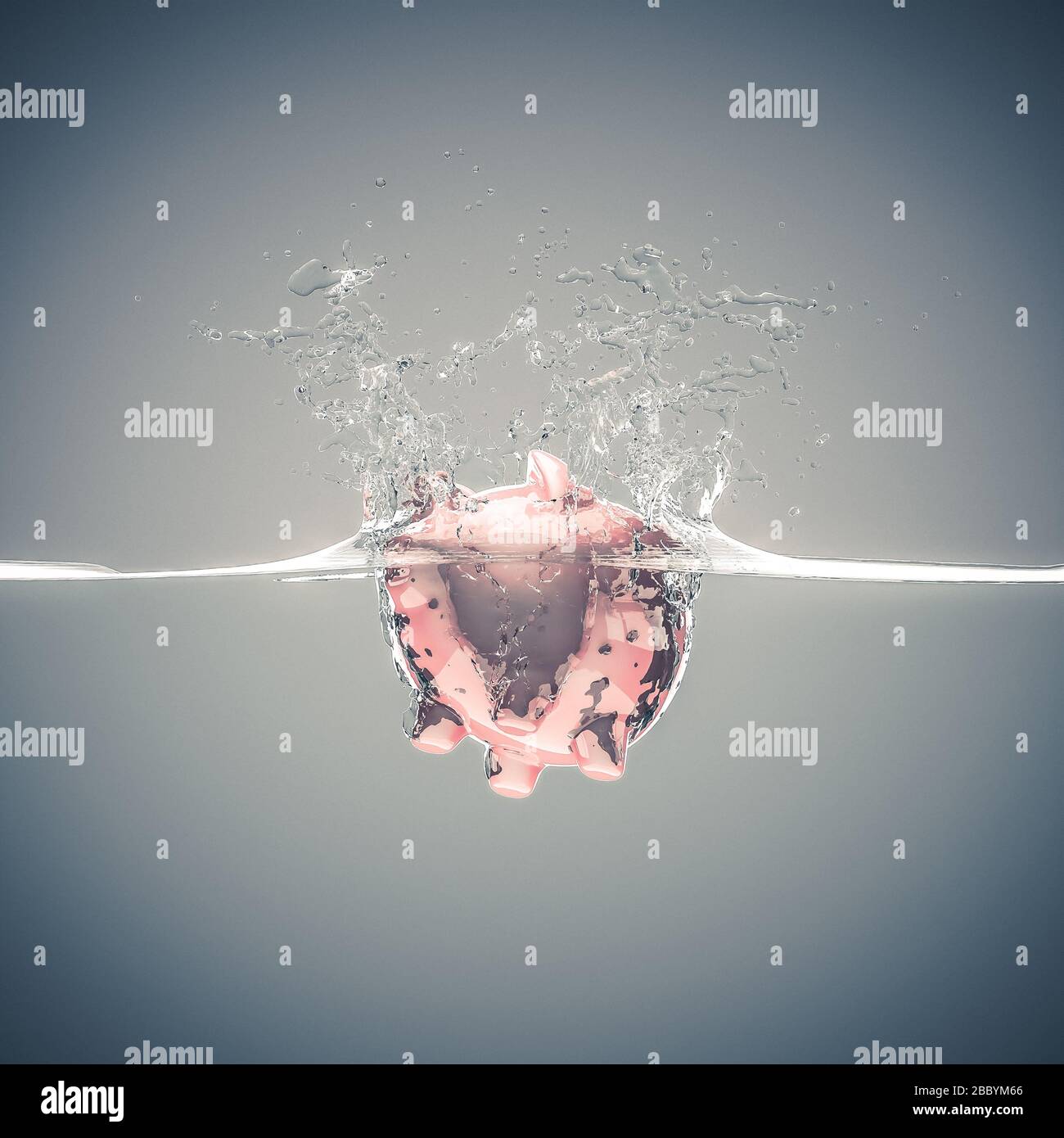 piggybank cade in acqua e crea grandi schizzi. concetto di rischio finanziario, denaro, risparmio. immagine di rendering 3d. nessuno intorno. Foto Stock