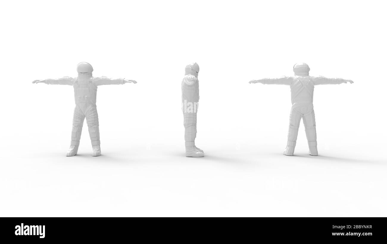 Rendering 3D di un astronauta cosmonaut che si erge su più viste Foto Stock
