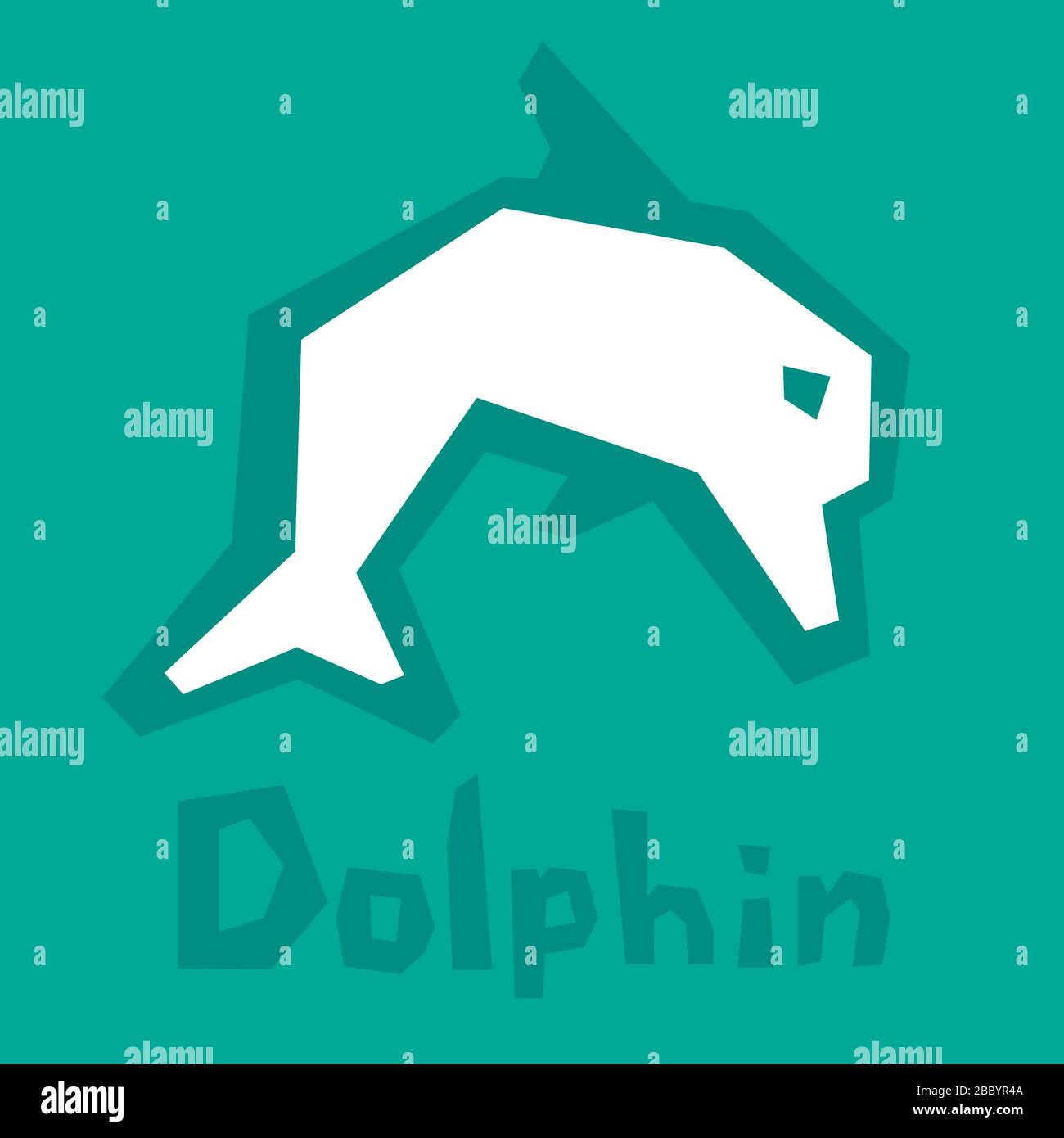 Carta Dolphin tagliata. Brutale stile moderno. Silhouette astratta su sfondo verde con testo. Scheda interattiva per imparare l'alfabeto inglese. Icona bianca Illustrazione Vettoriale