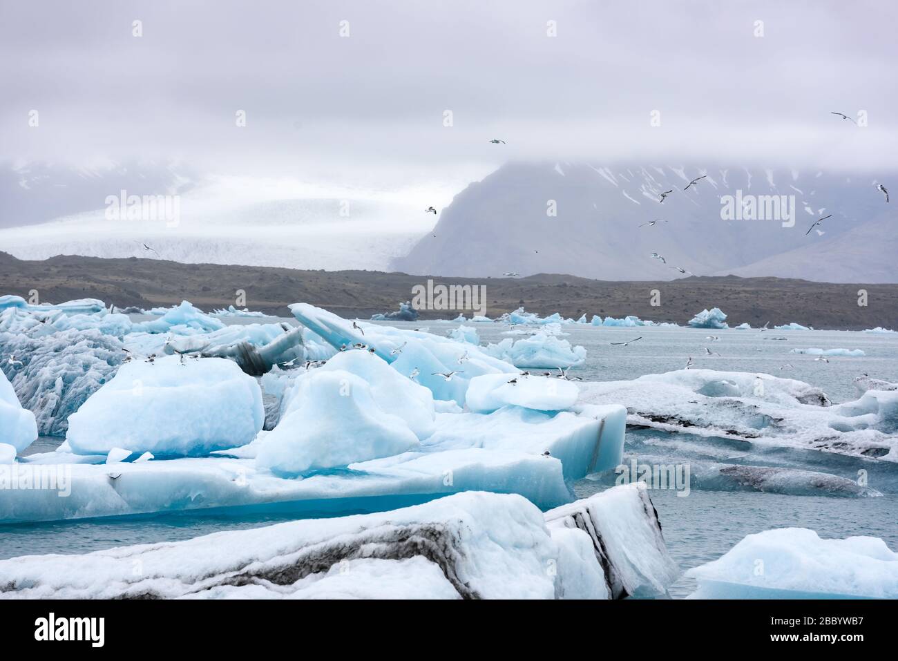 Pittoresco paesaggio con iceberg galleggianti nella laguna glaciale di Jokulsarlon, Islanda Foto Stock