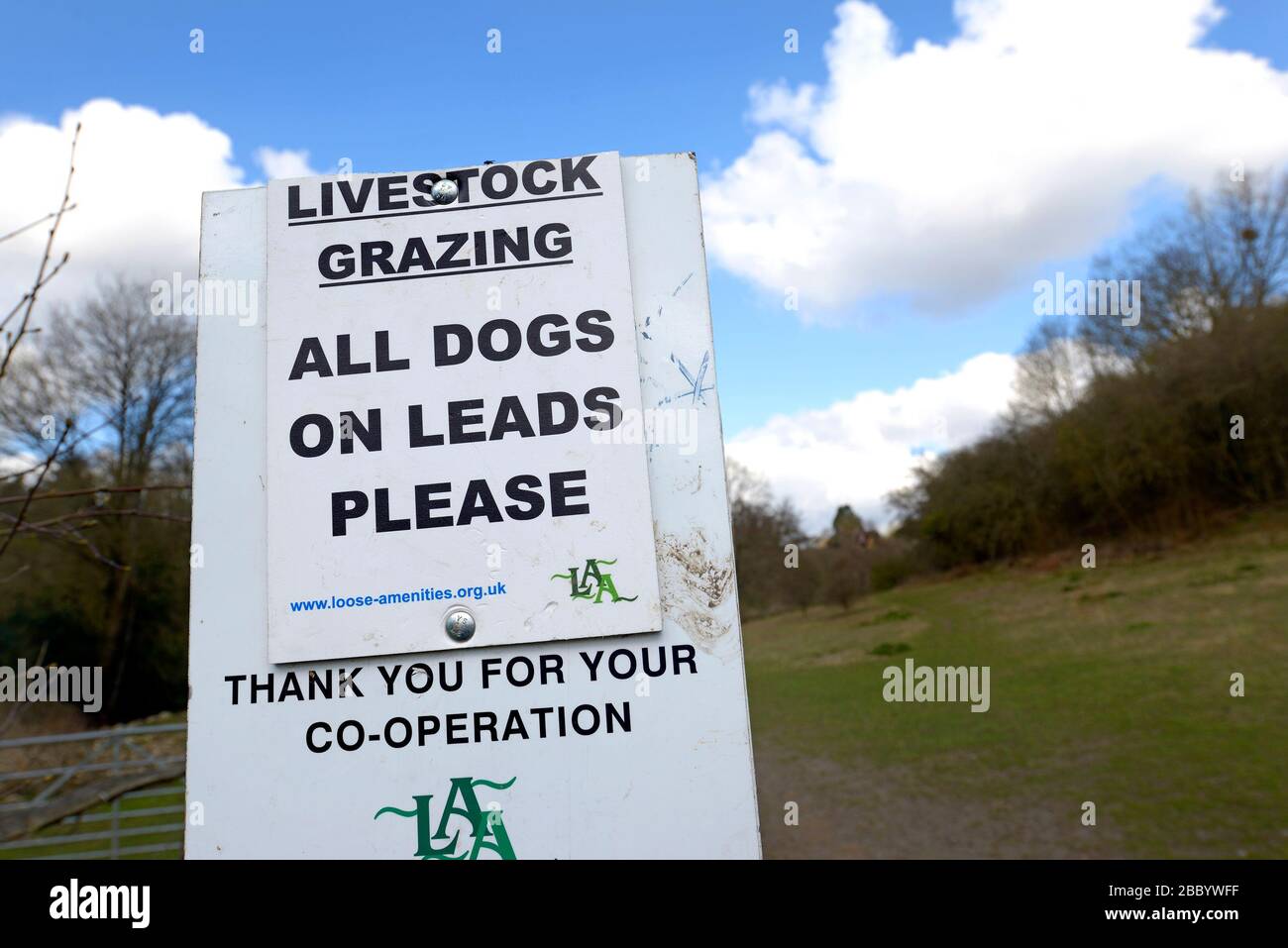 Loose Village, Kent, Regno Unito. Segnale di avvertimento agli escursionisti del cane - mantenga i cani sui cavi fra bestiame che pascolano Foto Stock