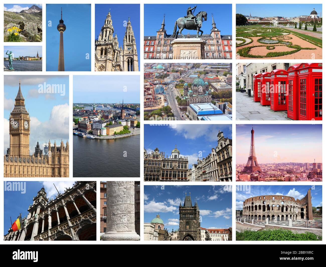 I monumenti europei viaggiano in collage con Berlino, Parigi, Roma, Londra, Madrid, Bruxelles, Praga e le Alpi. Foto Stock