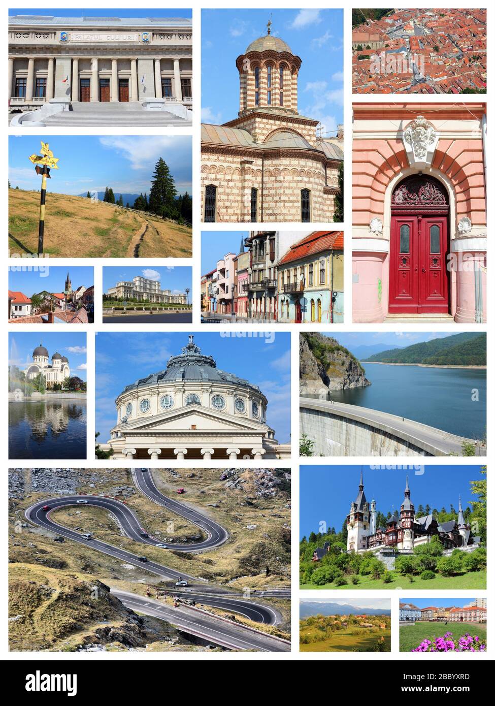 Paese Romania collage foto. Foto di viaggio con Bucarest, Ploiesti, Brasov, Timisoara, Sibiu e Arad. Foto Stock