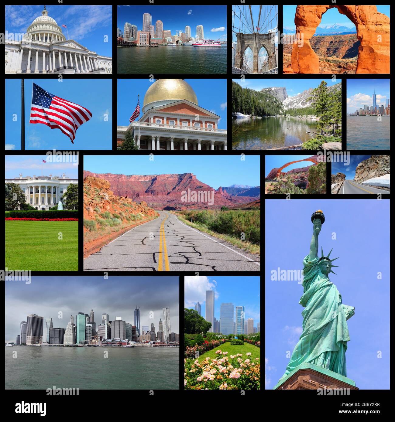 Collage fotografico degli Stati Uniti. Il collage include i principali luoghi di interesse come New York City, Washington DC, Chicago, Boston, Rocky Mountains e Utah. Foto Stock