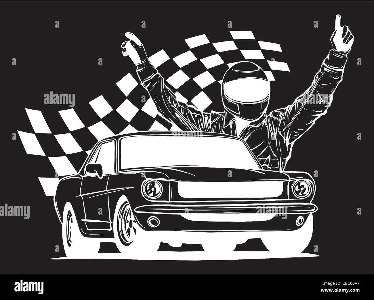 illustrazione di un'auto da corsa con bandiera a scacchi su sfondo nero Illustrazione Vettoriale illustrazione di un'auto da corsa con bandiera a scacchi su sfondo nero Illustrazione Vettoriale