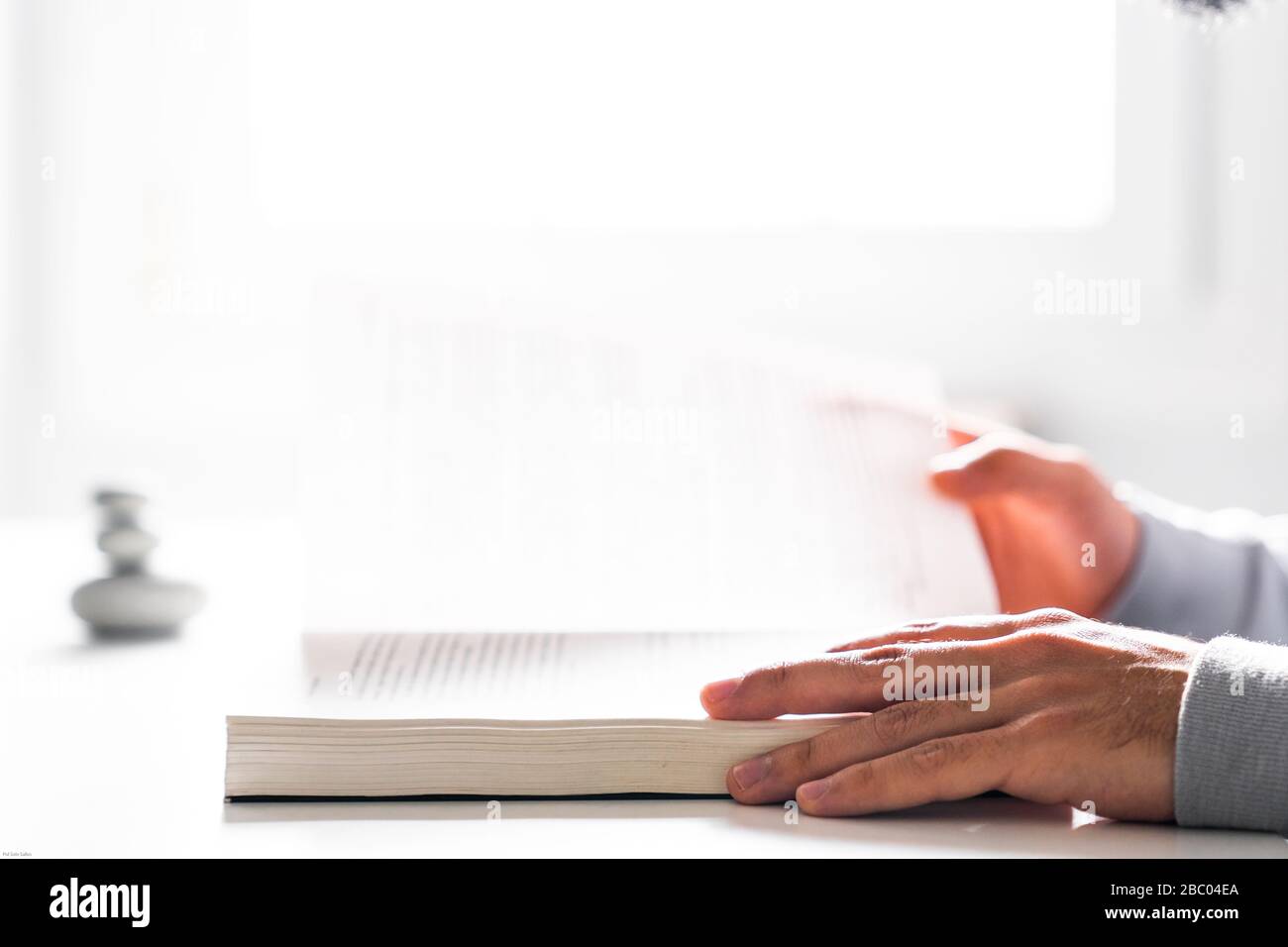 Girare le pagine di un libro a mano. Leggere un libro con la luce bianca di una finestra sullo sfondo. Foto Stock