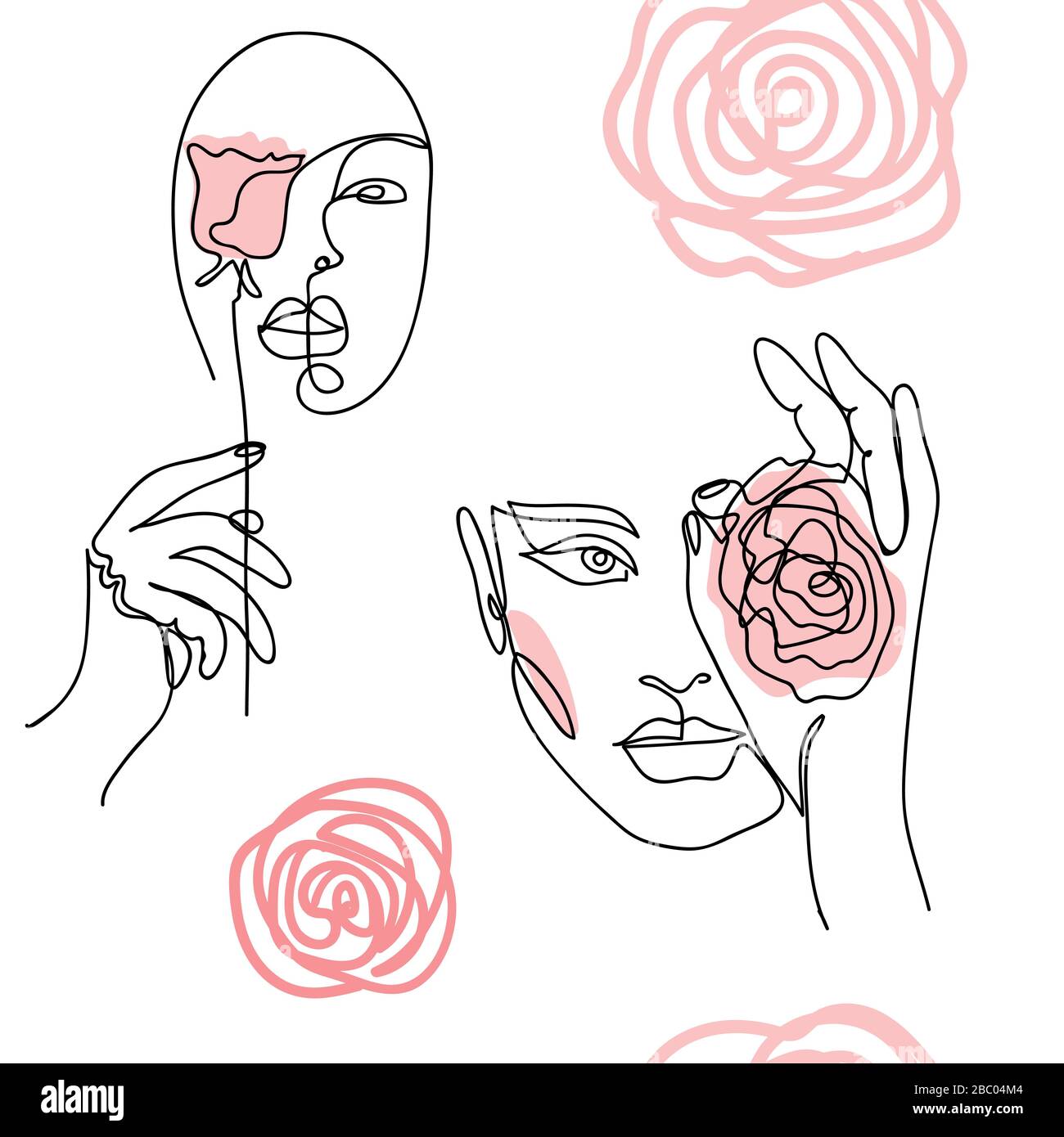 Ragazza, donna faccia, ritratto, testa con rose. Moderno modello vettoriale per avvolgimento, tessuto, tessuto Illustrazione Vettoriale