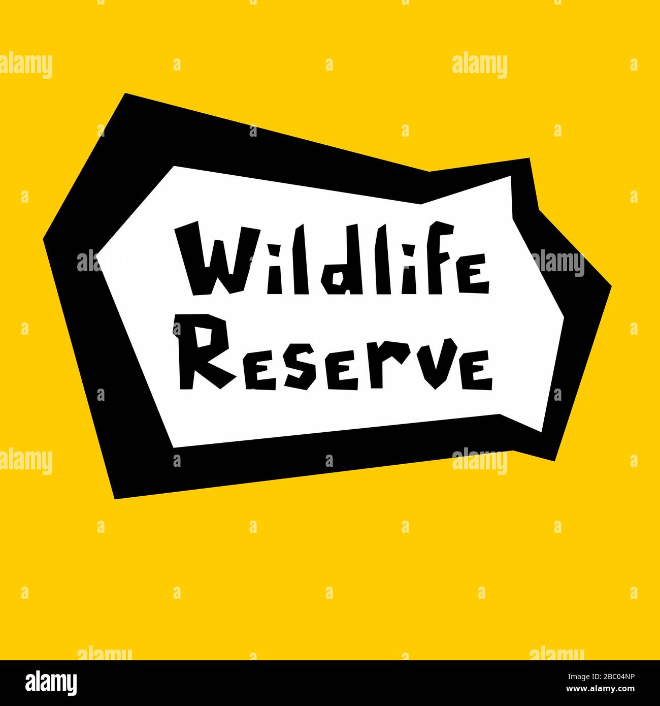 Riserva naturale. Una targhetta vettoriale stilizzata. Testo in inglese nero su sfondo giallo. Cute bianco massiccio vettore inglese alfabeto. Moderno childish Illustrazione Vettoriale