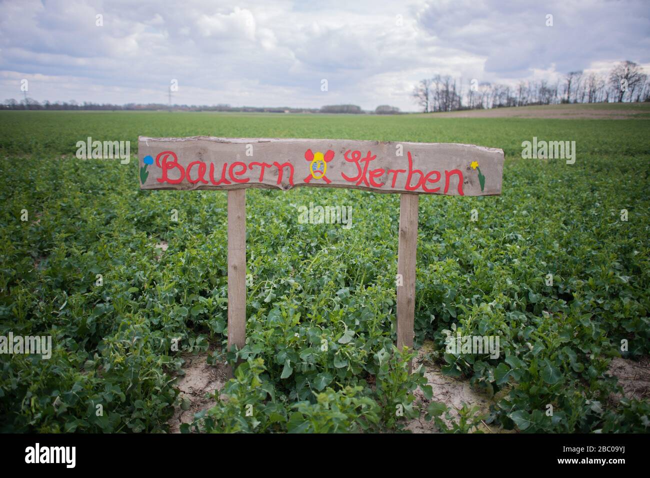 Sehnde, Germania. 02nd Apr, 2020. Un cartello "Bauern sterben" ("Farmers die") si trova su un campo della regione di Hannover. L'associazione degli agricoltori della bassa Sassonia vuole intraprendere un'azione legale contro l'inasprimento dei regolamenti sui fertilizzanti decisi dal Bundesrat. L'Unione europea insiste da decenni sulle norme per la protezione delle acque sotterranee, ma molti agricoltori temono di conseguenza rese più basse. Credit: Julian Stratenschulte/dpa/Alamy Live News Foto Stock