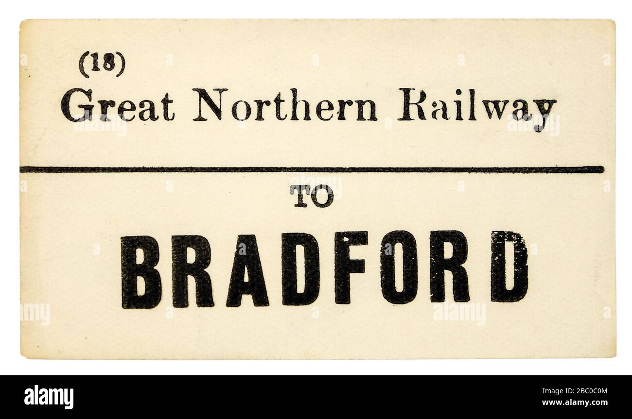 Vintage British GNR (Great Northern Railway), etichetta/tag per i bagagli ferroviari di Bradford Foto Stock