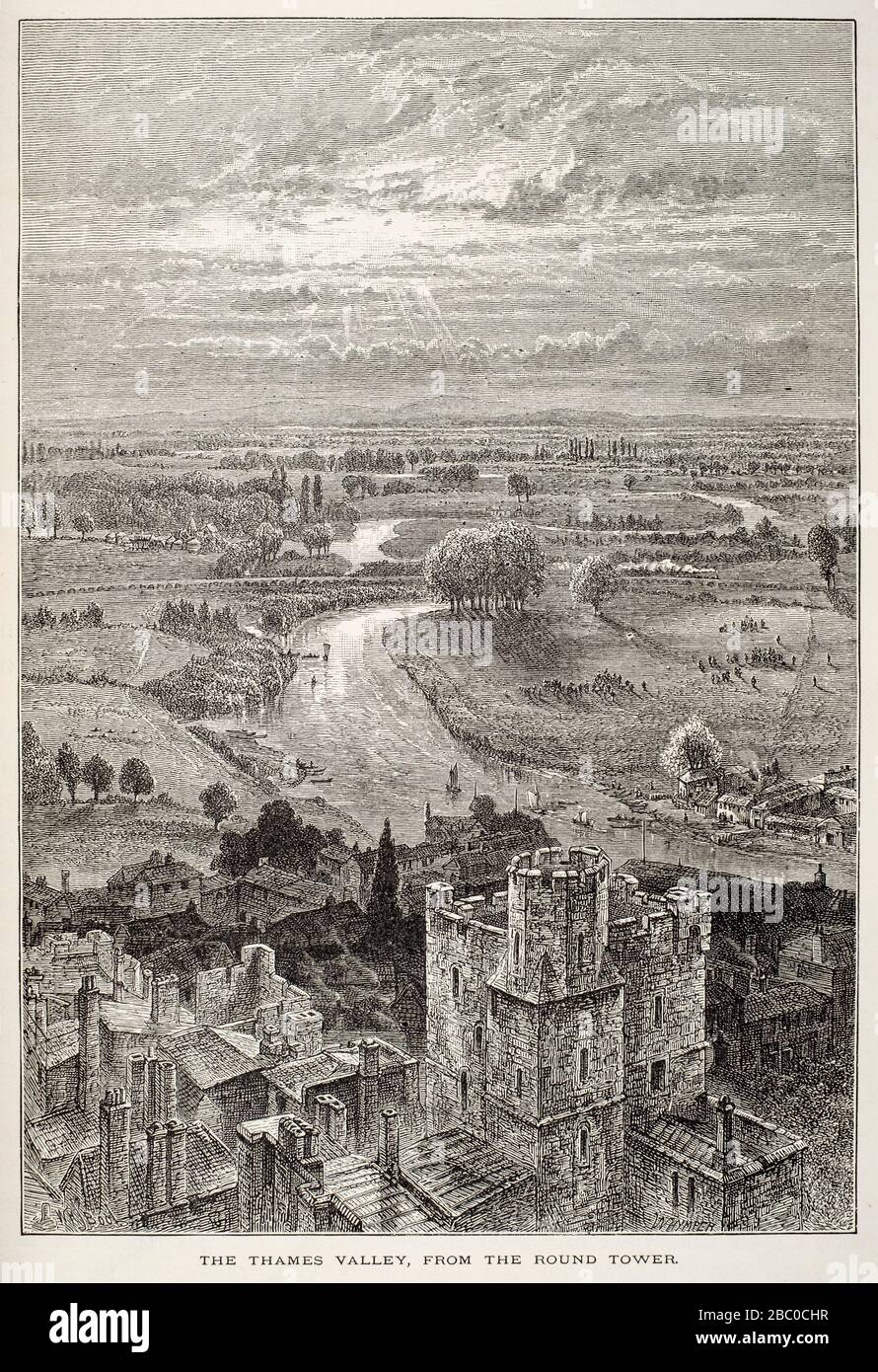 Incisione antica del Castello di Windsor e del Tamigi, vista dalla Torre rotonda Foto Stock
