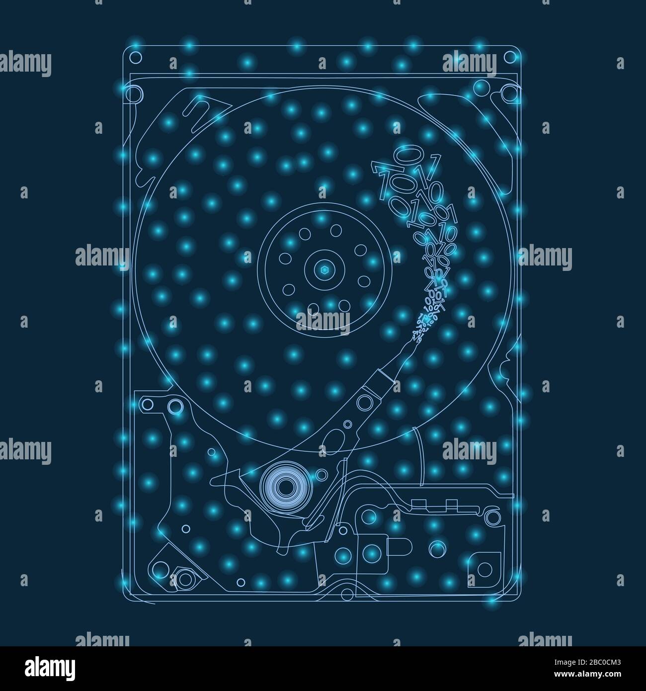 Il contorno del disco rigido con luci luminose di linee blu su sfondo scuro. Scrittura di informazioni su disco. Illustrazione del vettore. Illustrazione Vettoriale