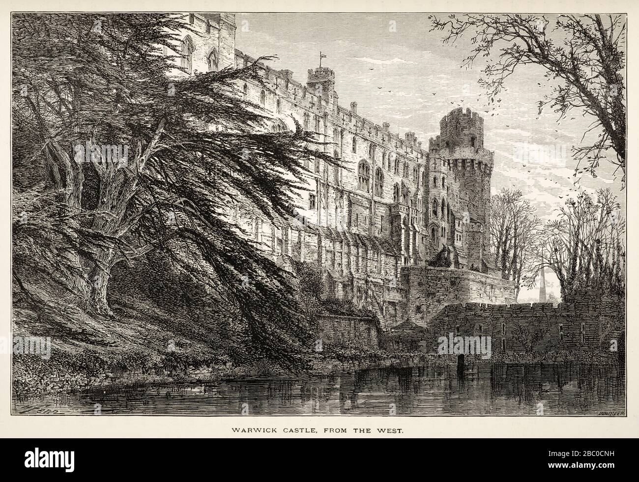 Incisione antica del 19th secolo del castello di Warwick in Warwickshire, Regno Unito Foto Stock