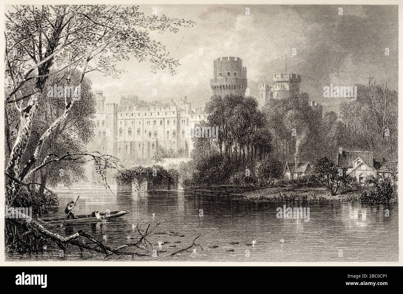 Incisione antica del 19th secolo del castello di Warwick in Warwickshire, Regno Unito Foto Stock