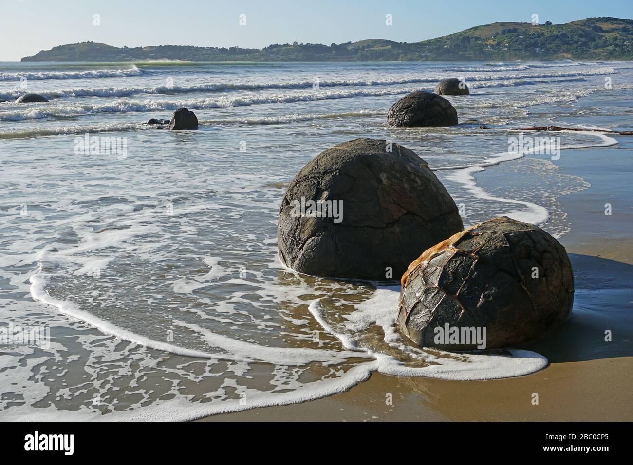 Moeraki Boulders sulla spiaggia di Koekohe Foto Stock