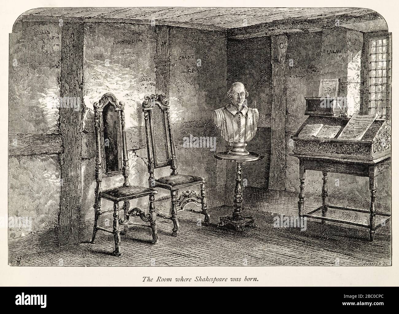Antica incisione del 19th secolo della stanza in cui William Shakespeare è nato nella casa di famiglia in Henley Street, Stratford-upon-Avon, Warwickshire, Foto Stock